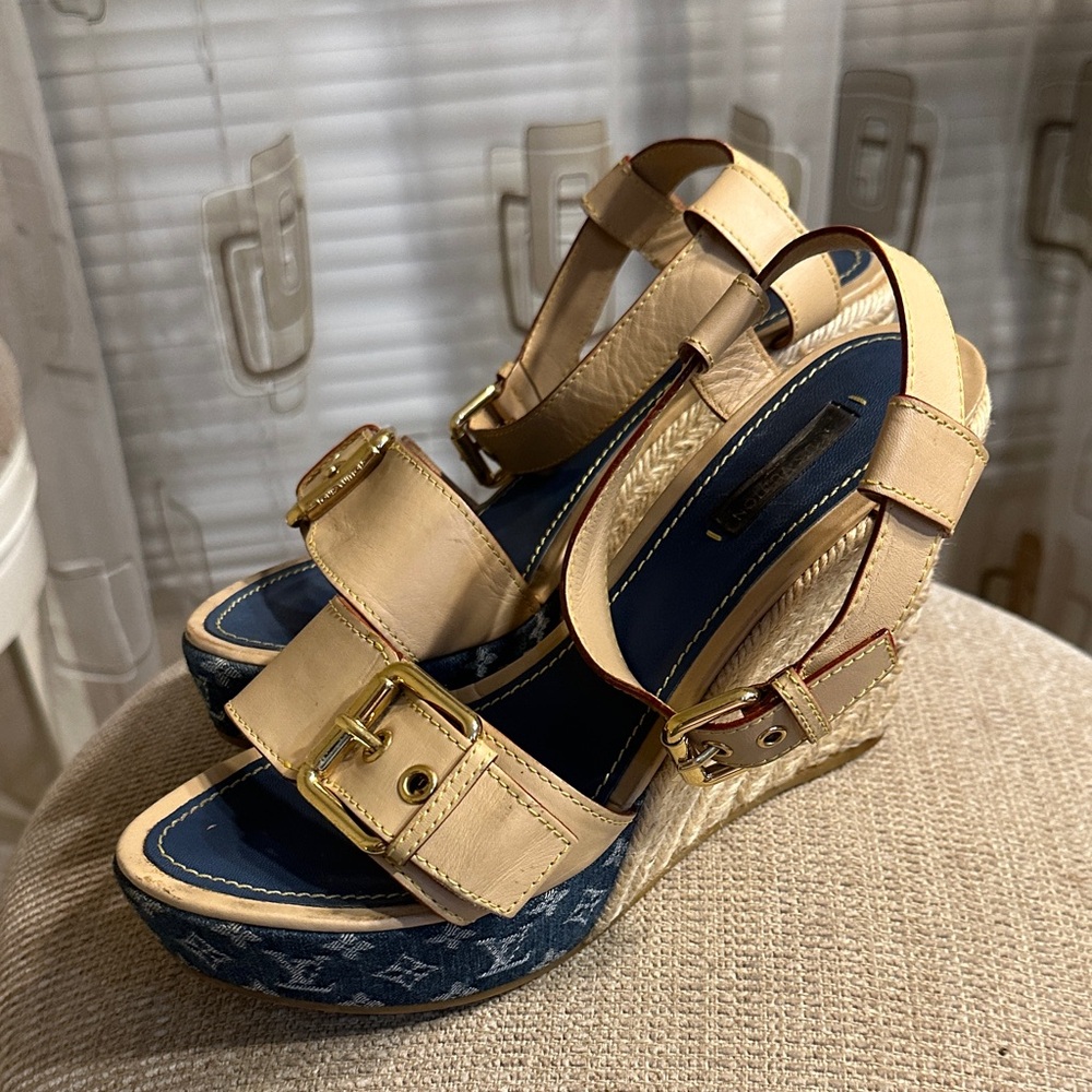 Louis Vuitton Beige and Blue Wedge Sandals